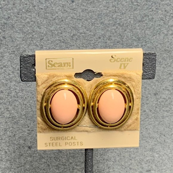 VTG Sears Pierced Earrings Gold Peach Oval Domed Scene IV Soft Girl Retro BoHo - Picture 1 of 5